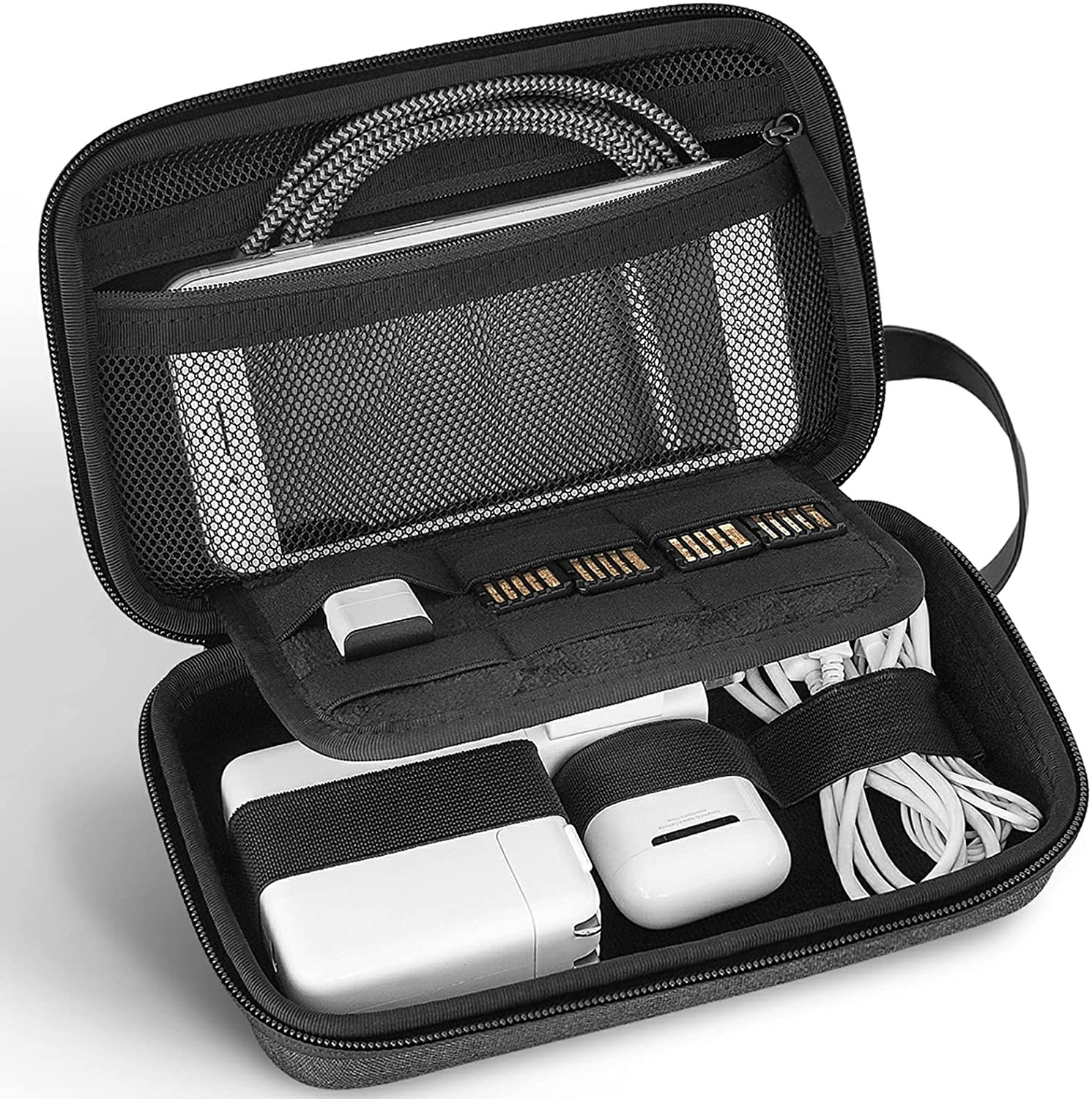 the open hard shell case showing chargers and cords neatly arranged inside
