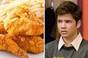 Chicken tenders and fries are on the left with Freddie on the right
