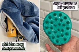 reviewer photo of a blue storage scrunchie holding lip balm and other small items with text: shh! it's a secret storage scrunchie / reviewer holding a green scalp massager with text: evenly distributes hair products