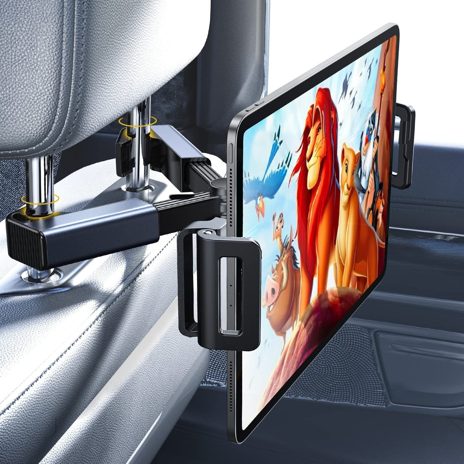 A tablet on the holder secured to a car seat