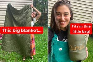 left side shows Rachel holding the blanket outside of her home to show it's awesome size (which is the typical throw blanket size) and the right is the same blanket packed into the small tote bag it comes with 