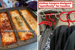 lasagna pan with three different compartments, clothes hanger for hoodies