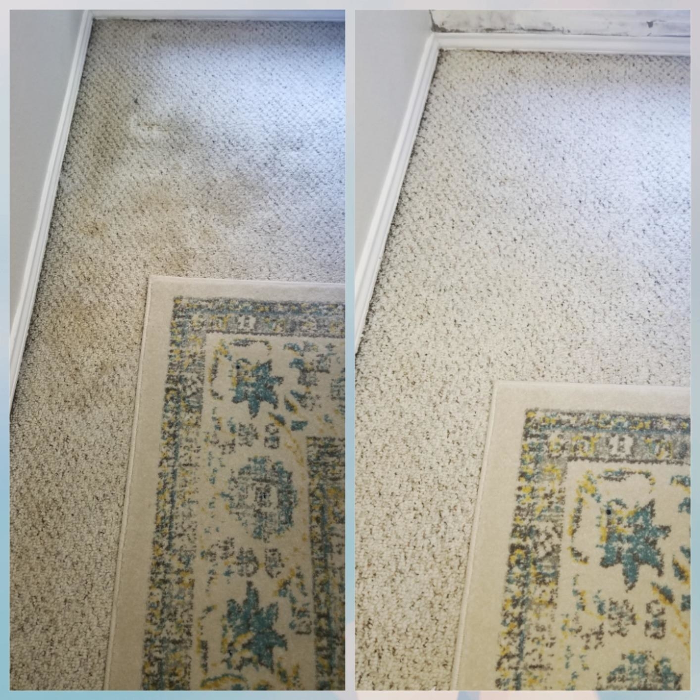 on left: reviewer pic of stained beige carpet. on right: same pic of carpet with less gray stains after using the instant carpet stain remover