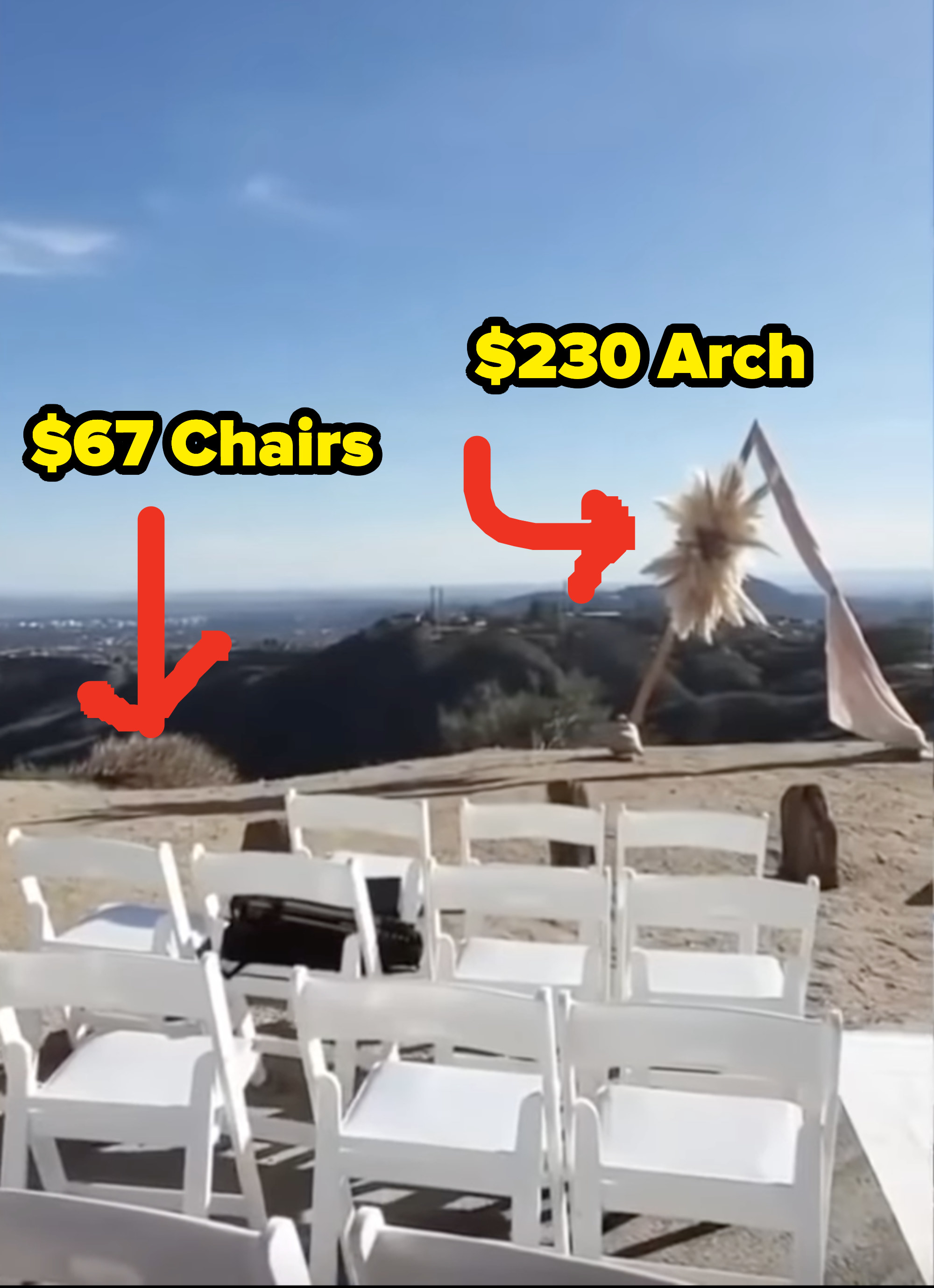 Arrows pointing to$67 chairs and a $230 arch