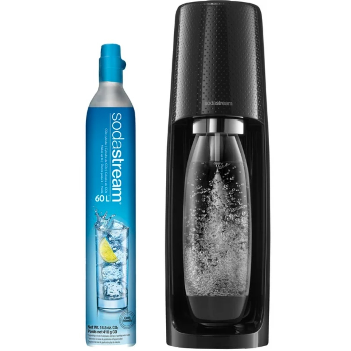 the blue carbonation bottle next to the black soda stream