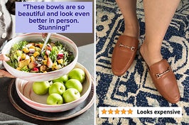 (left) large bowls (right) slip-on mules
