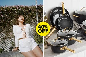 on left, model wearing white Lisa Says Gah matching open top and high-rise short loungewear set. on right, Greenpan 16-piece cookware set with black pots, pans, and skillets with gold-tone handles