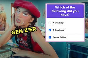 Olivia Rodrigo sitting at a school desk in the Brutal music video with Gen Z'er typed under her face and a screenshot of the question which of the following did you have placed next to her head