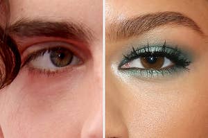 On the left, a closeup of Timothée Chalamet's eye, and on the right, a closeup of Zendaya's eye