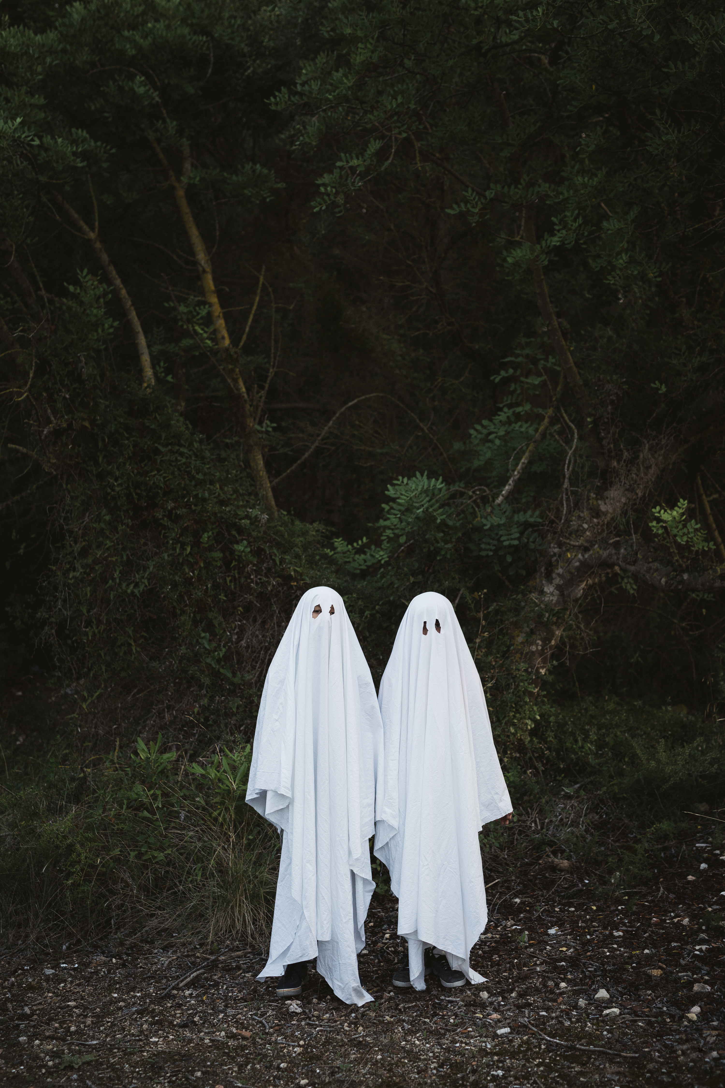 Children dressed up as ghost draped with white sheet in a forest