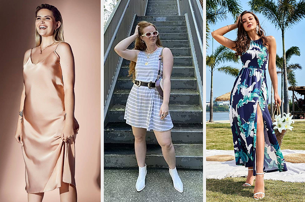 three photos of people wearing different dresses