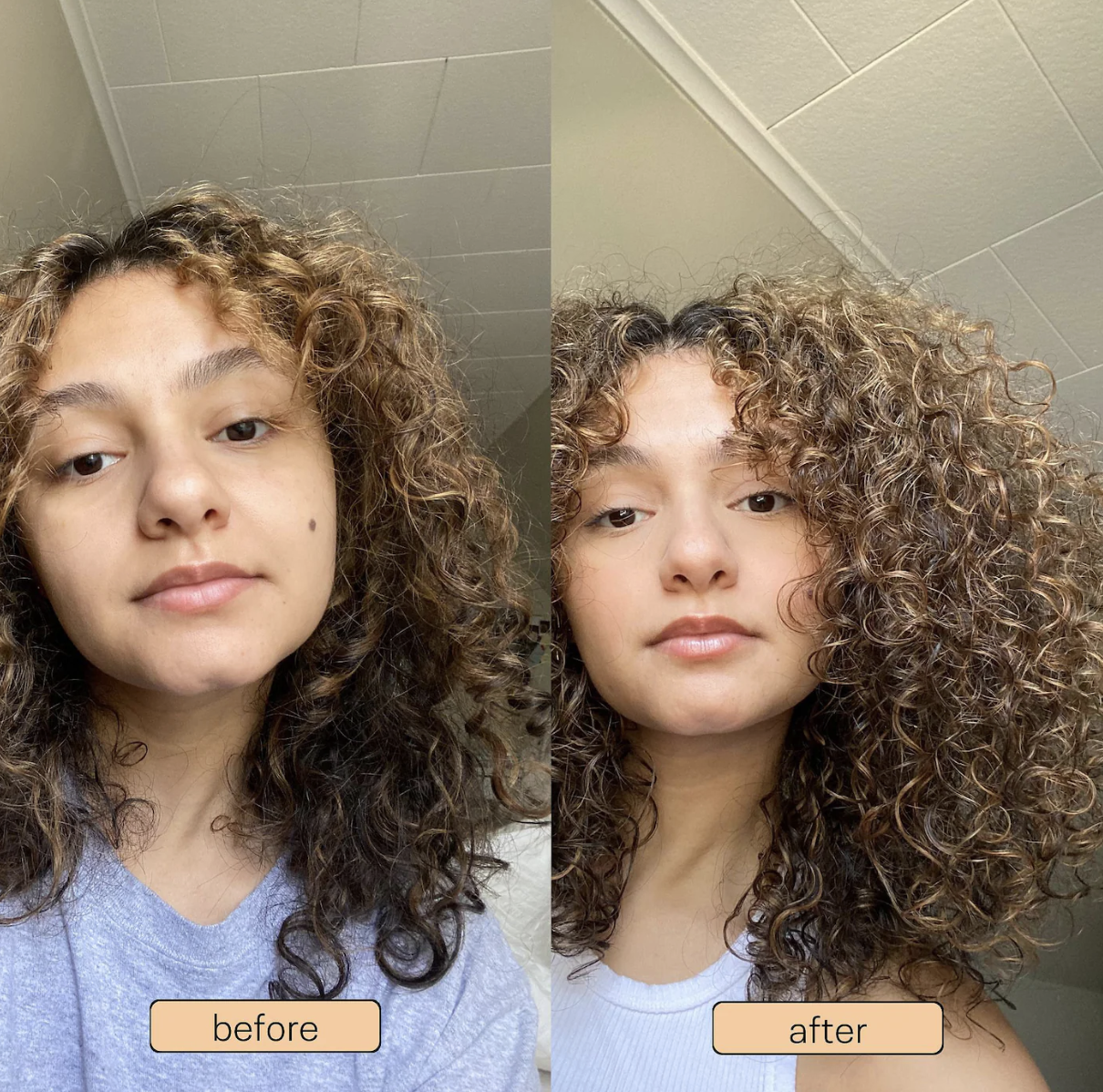 product user with curly hair before and after using the cream, the after with more defined curls