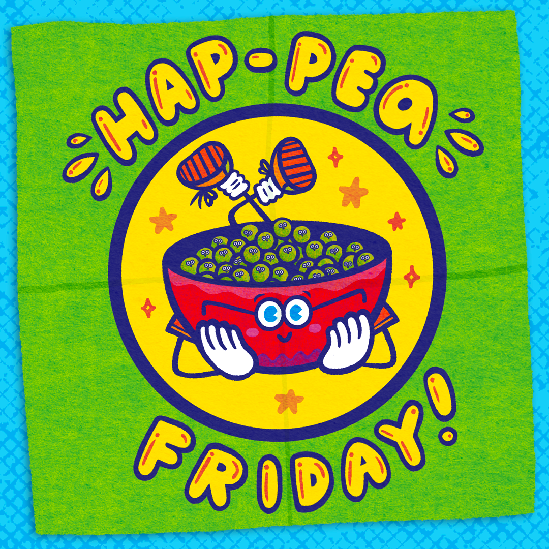 A school lunchbox note reading: &quot;Hap-pea Friday&quot; with a bowl of peas