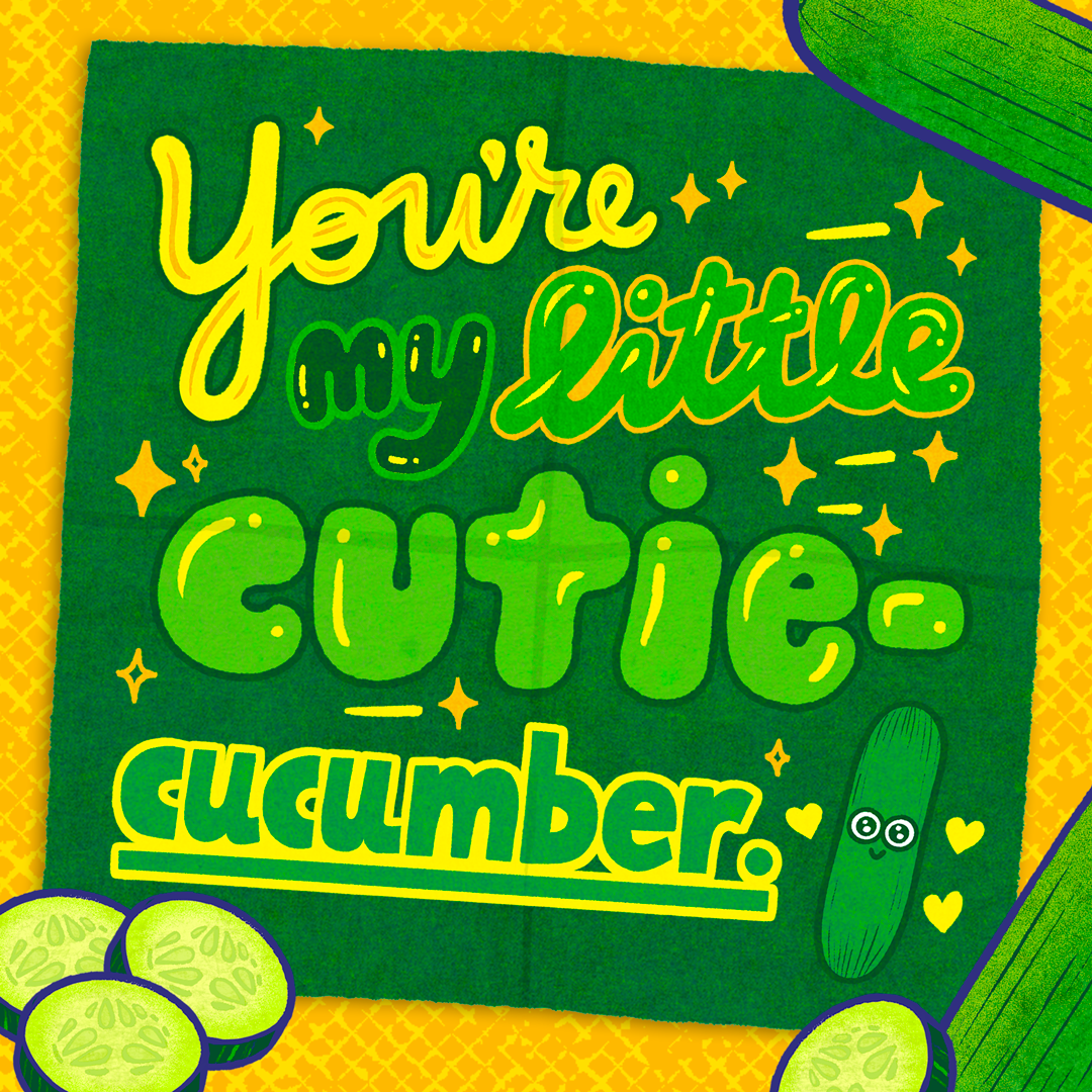 A school lunchbox note reading: &quot;You&#x27;re my little cutie-cumber&quot; with a cucumber