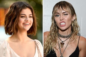 On the left, Selena Gomez smiling with shoulder-length hair, and on the right, Miley Cyrus winking and bearing her teeth with long hair and bangs