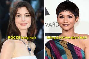 On the left, Anne Hathaway labeled ROCKS long hair, and on the right, Zendaya labeled bring back the short hair