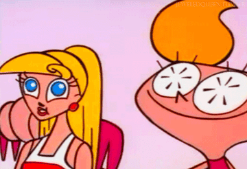 DeeDee from &quot;Dexter&#x27;s Laboratory&quot; brushing blonde doll&#x27;s hair with a pink comb