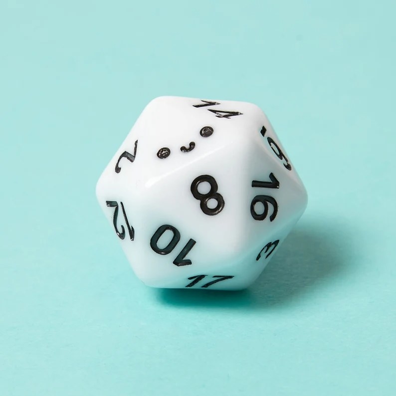 20 sided die with tiny smile instead of the 20