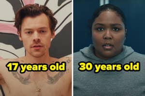 On the left, Harry Styles in the As It Was music video labeled 17 years old, and on the right, Lizzo in the About Damn Time music video labeled 30 years old
