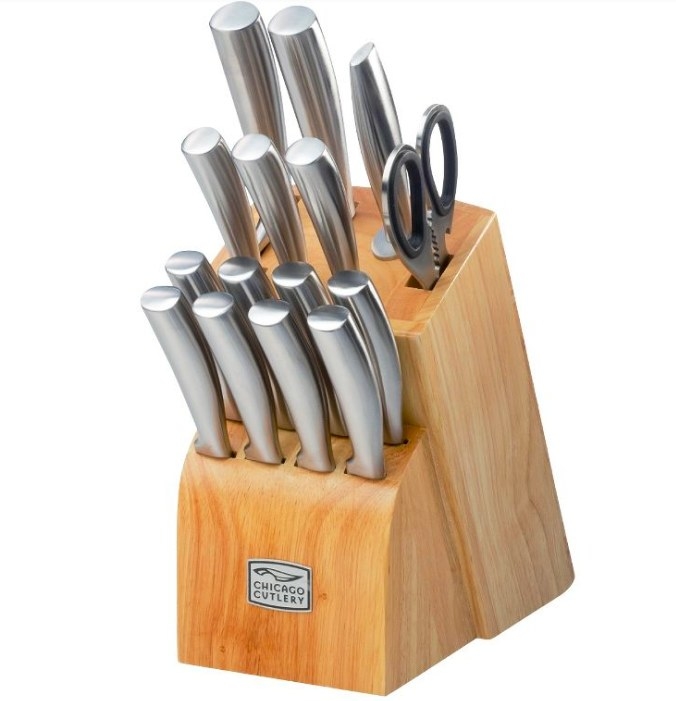 Wood block with stainless steel knives