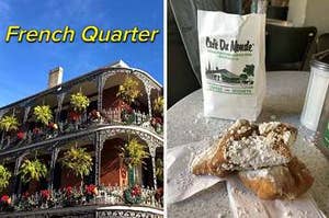 a two-story building with ornate iron balconies; a stack of beignets from Cafe du Monde