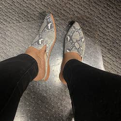 Reviewer pic of the mules in the snakeskin pattern