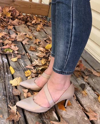 Reviewer pic of the strappy pumps in a nude color