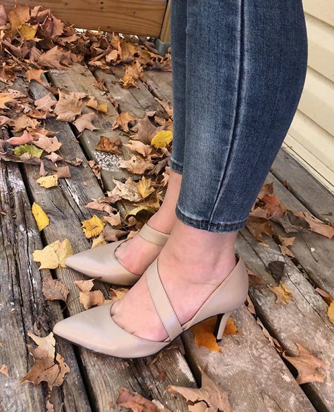 Reviewer pic of the strappy pumps in a nude color