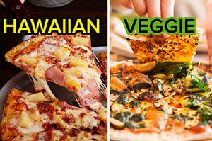 A slice of Hawaiian and veggie pizza