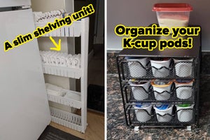 on the left an over-the-door cabinet organizer; on the right airtight food containers and text that reads "best way to organize your pantry"