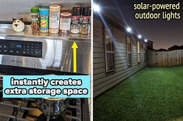reviewer photo of a shelf resting atop a stove holding various spices with text: instantly creates extra storage space / reviewer photo of outdoor solar lights illuminating a yard at night with text: solar-powered outdoor lights 