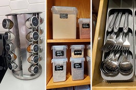 on the left a rotating spice rack; in the center airtight food containers; on the right a cutlery organizer in a drawer