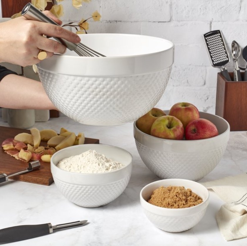 mixing bowls in use on marble countertop