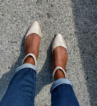 Reviewer pic of the beige glittery flats