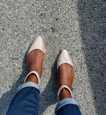 Reviewer pic of the beige glittery flats