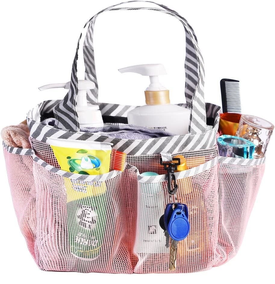the shower caddy filled with things in front of a plain background