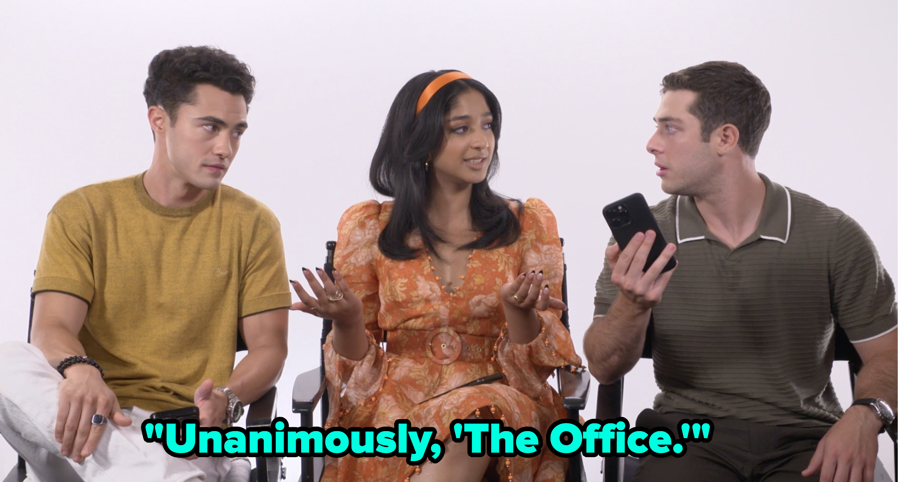 the three actors looking at each other with the words, &quot;Unanimously, &#x27;The Office&#x27;&quot;