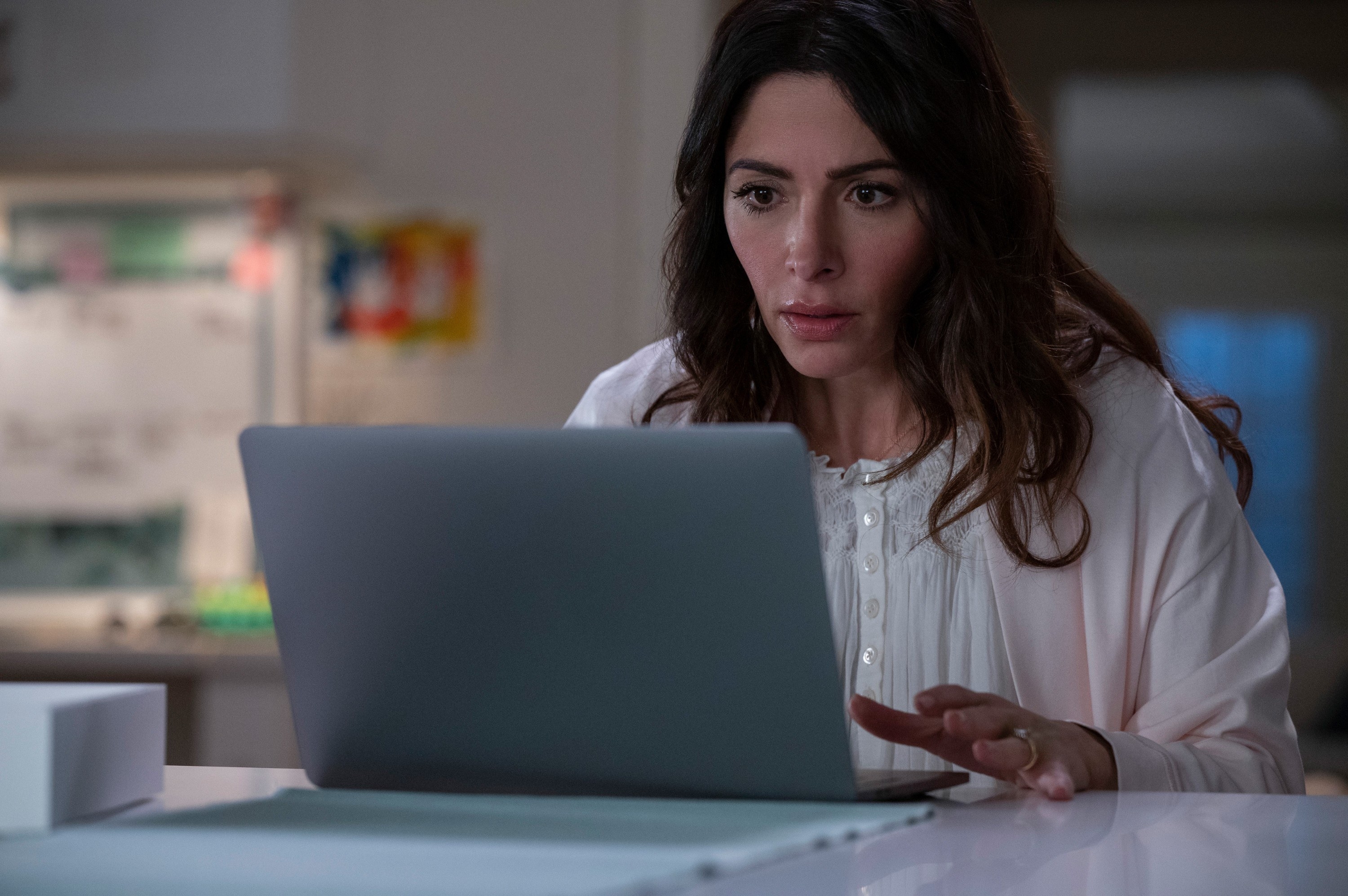 Sarah Shahi looks at her laptop screen