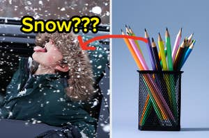 A kid sticks their head out of the car window to catch snowflakes on their tongue and a pencil holder with colorful pencils