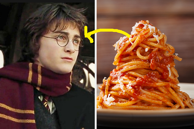 A close up of Harry Potter wearing a scarf and a pile of pasta