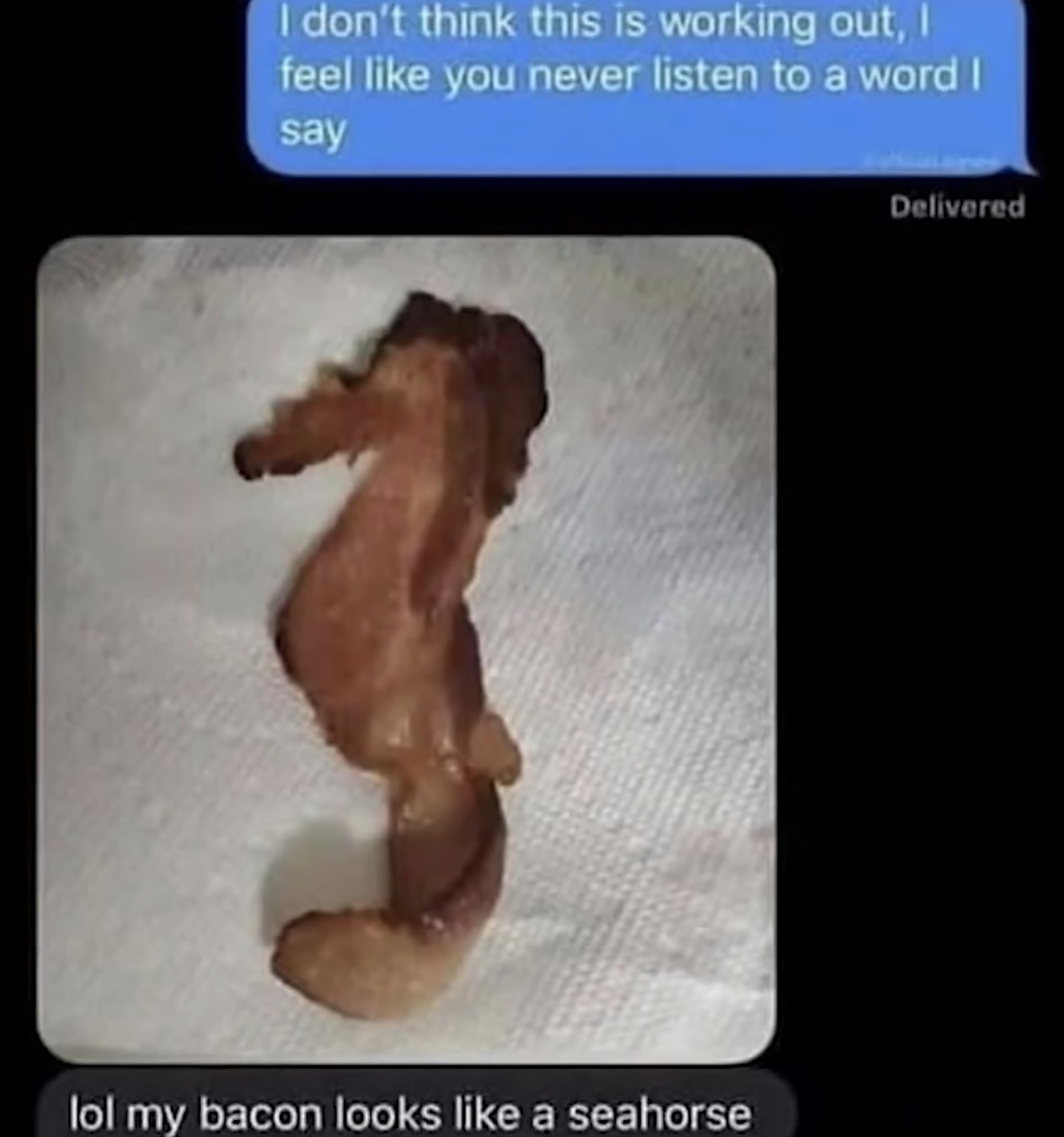 someone responds to a serious text with just a bacon seahorse