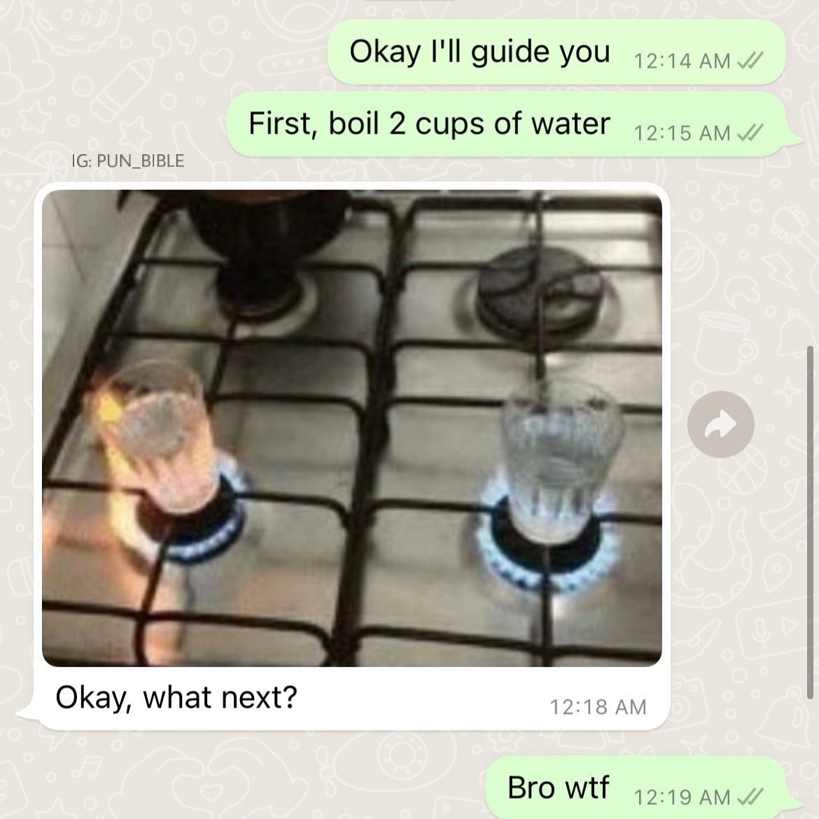 person being told to boil water and they boil cups