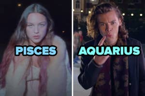 On the left, Olivia Rodrigo in the Traitor music video labeled Pisces, and on the right, Harry Styles in the Night Changes music video labeled Aquarius
