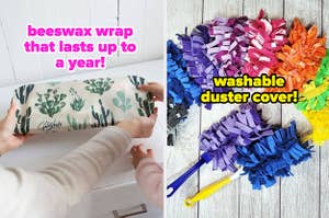 beeswax wrap on the left and swiffer duster on the right