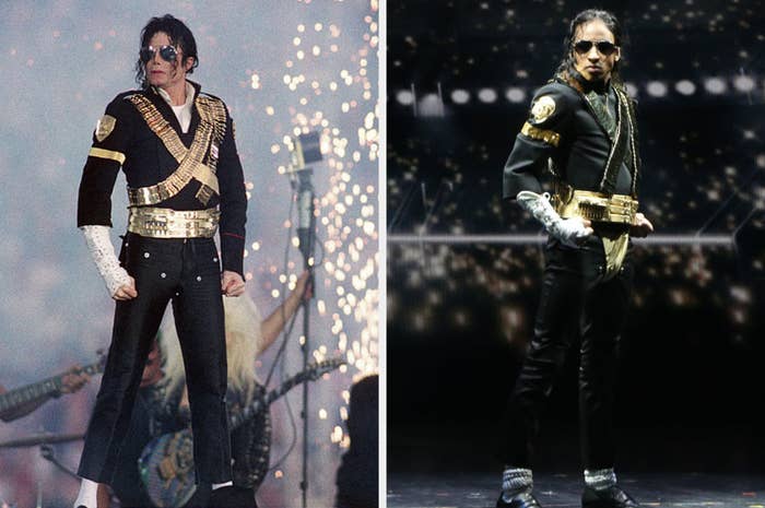 side by side of the singer and the actor portraying in the same black military inspired outfit