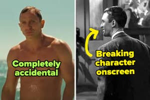 daniel craig as james bond walking out of the water labeled "completely accidental" and james stewart laughing and breaking character in it's a wonderful life