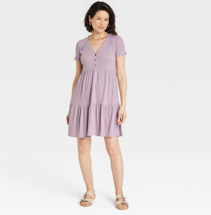 A model wearing a lilac a-line dress