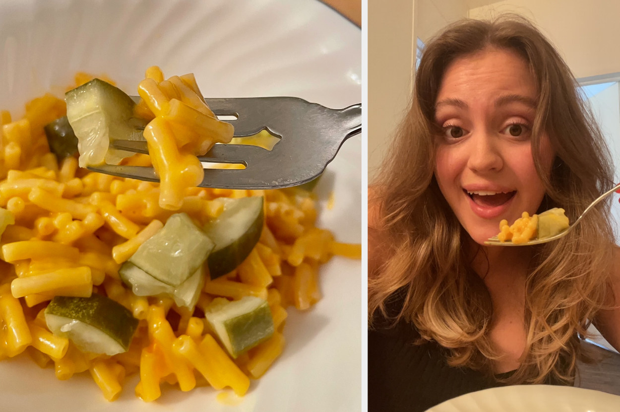 Hannah eating mac &#x27;n&#x27; cheese with pickles