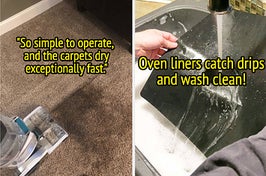 L: vacuum cleaning a carpet and a quote from a review pasted on the image that says "so simple to operate, and the carpets dry exceptionally fast" R: hands washing a black oven liner in the sink