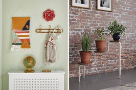 A colorful piece of fiber wall art on the left and a three-tiered plant stand on the right